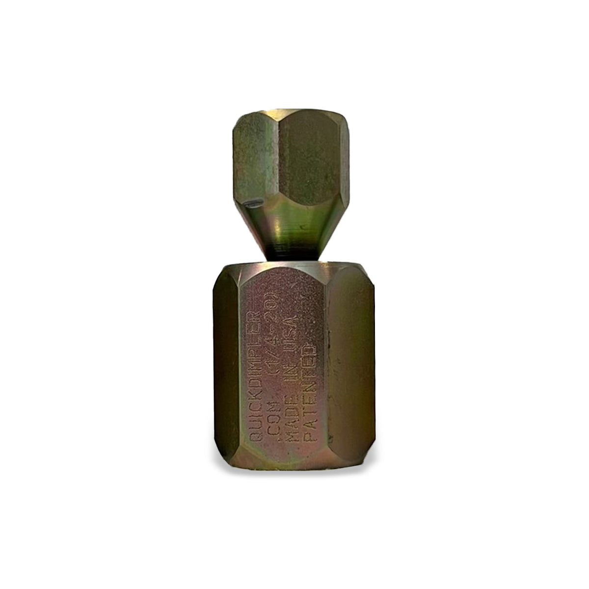 Quick Dimpler 1/4-20 tool in a gold zinc finish, upright, with QuickDimpler.com, Made in USA and Patented engraved on the hex body