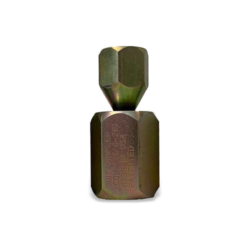 Quick Dimpler 1/4-20 tool in a gold zinc finish, upright, with QuickDimpler.com, Made in USA and Patented engraved on the hex body
