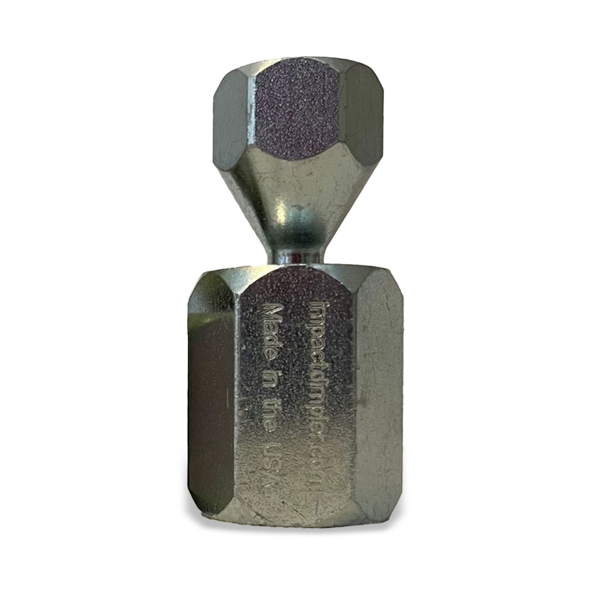 Impact Dimpler tool in a bright silver zinc finish, upright, with impactdimpler.com and Made in the USA engraved on the hex body