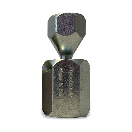 Impact Dimpler tool in a bright silver zinc finish, upright, with impactdimpler.com and Made in the USA engraved on the hex body