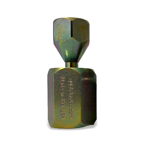 Quick Dimpler tool in a yellow zinc finish, upright, with quickdimpler.com and Made in the USA engraved on the hex body
